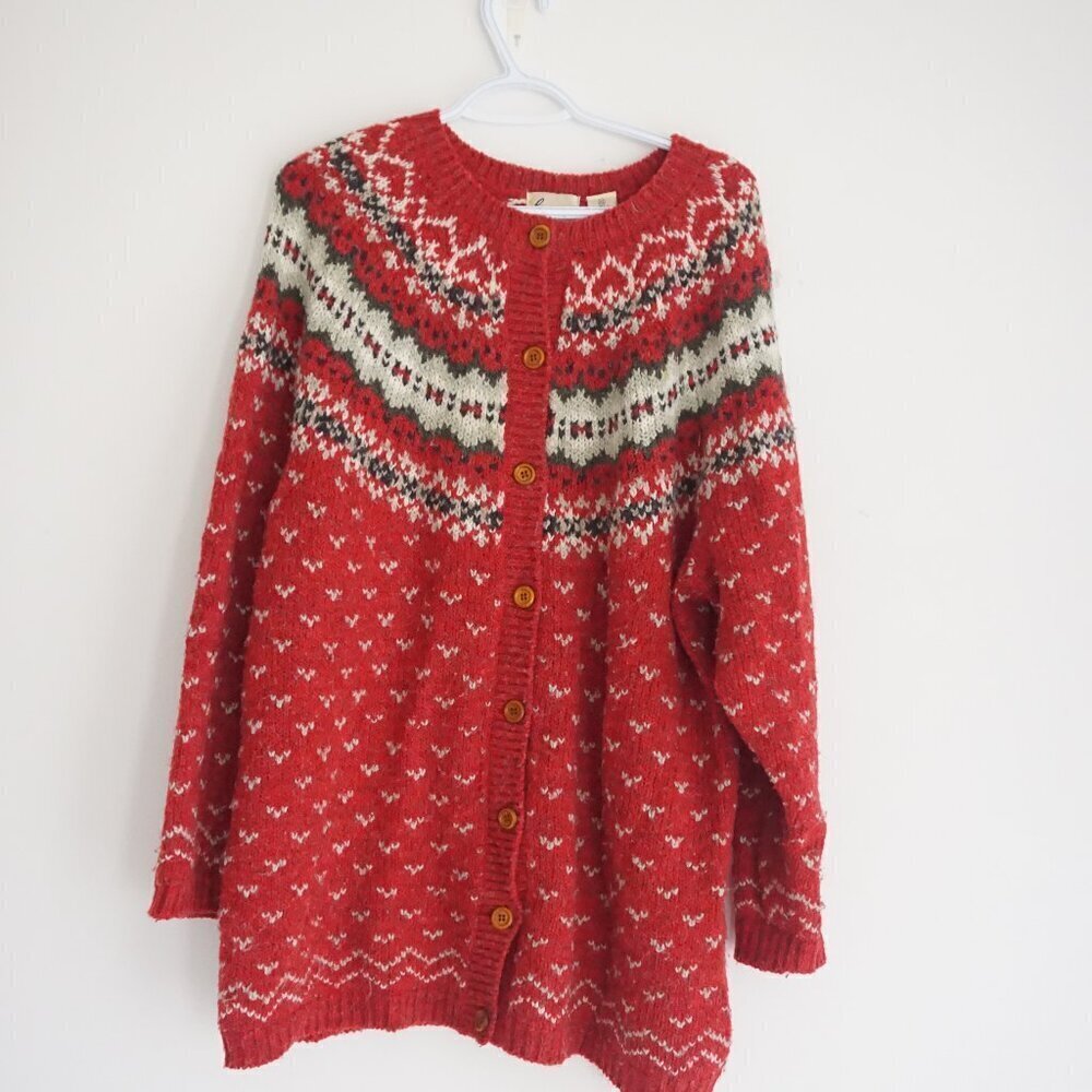 Vintage Encore Tricot Red 10% Wool Knit Icelandic Button Cardigan Sweater XL